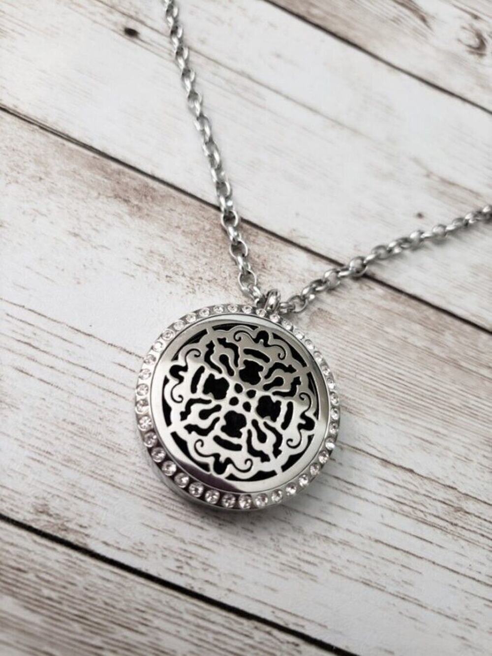 Long Aromatherapy Necklace - Silver Tone with Clear Gems